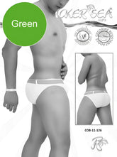 Green men’s swim trunks with white waistband and elasticized leg openings from icker sea sailor belted bikini swimwear