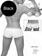 Black men’s icker sea sailor belted square cut swim trunks with white waistband and subtle side branding in white black