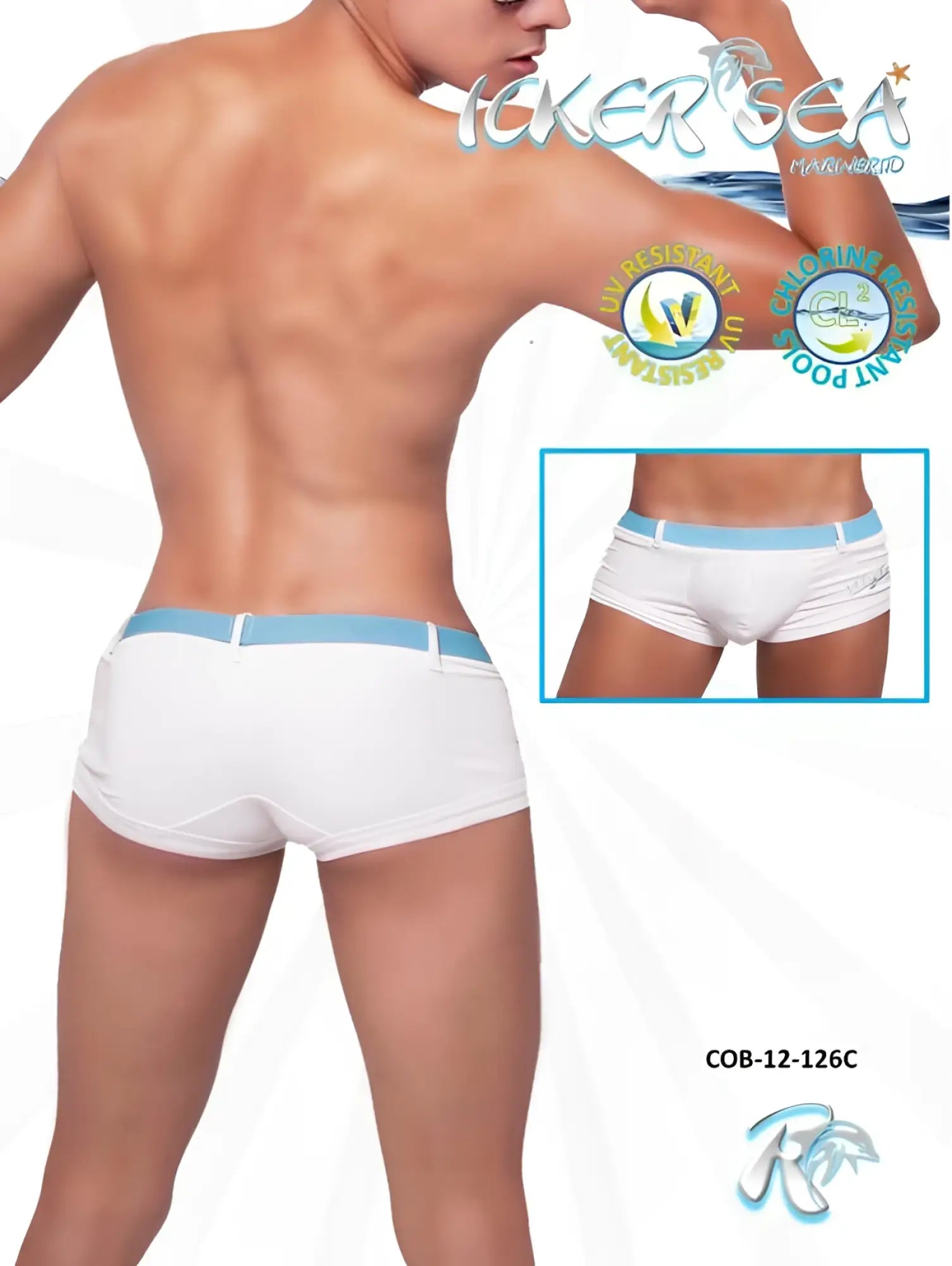 White icker sea sailor belted square cut swim trunks with light blue waistband and uv-resistant fabric