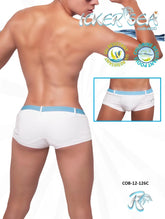 White icker sea sailor belted square cut swim trunks with light blue waistband and uv-resistant fabric