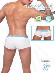 White icker sea sailor belted square cut swim trunks with light blue waistband and uv-resistant fabric