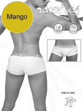 White icker sea sailor belted square cut trunk swimwear with subtle striped mango waistband and logo on front