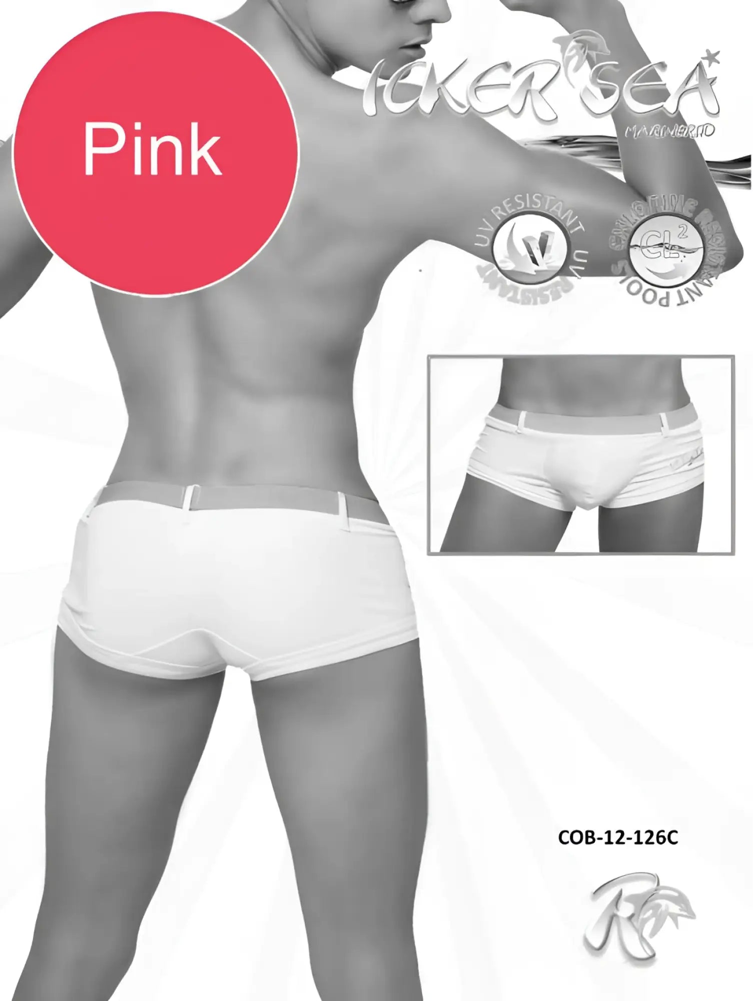 Icker Sea pink men’s belted square cut swim trunks with white waistband and side stripes for swimwear use