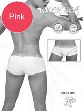 Icker Sea pink men’s belted square cut swim trunks with white waistband and side stripes for swimwear use