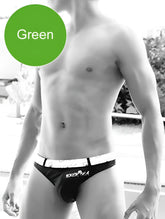 Black briefs with white waistband featuring exotica brand name in black lettering, swimwear back side view