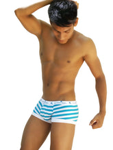 Blue and white striped men’s boxer briefs with branded waistband by icker sea sailor stripe for comfortable wear