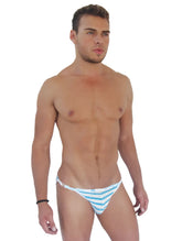 A man wearing light blue and white striped icker sea sailor stripe logo trim clip microslip bikini underwear