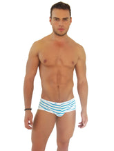 Blue and white striped men’s low boxer brief underwear with logo trim by icker sea for comfortable wear