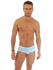 Blue and white striped men’s low boxer brief underwear with logo trim by icker sea for comfortable wear