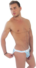 Blue and white striped icker sea sailor stripe microslip bikini underwear with subtle ricky logo waistband trim