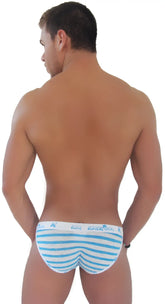 Blue and white striped men’s Icker Sea Sailor Stripe logo trim microslip bikini underwear with branded waistband