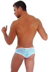 Icker Sea sailor stripe logo trim mini bikini underwear in blue and white striped fabric with subtle waistband pattern