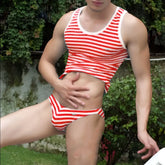 Icker Sea sailor stripe matching tank top and briefs set in red with classic horizontal white stripes
