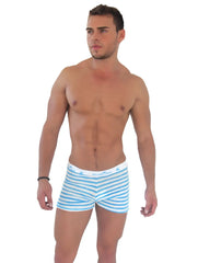 Icker sea sailor stripe side slit long boxer brief underwear in blue and white striped fabric with branded waistband