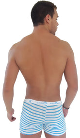 Icker sea sailor stripe side slit long boxer brief underwear in blue and white striped fabric with branded waistband