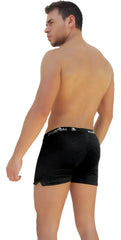 Black velvet boxer briefs with a silver chain-like waistband featuring vicenza logo in i cker sea side slit long style