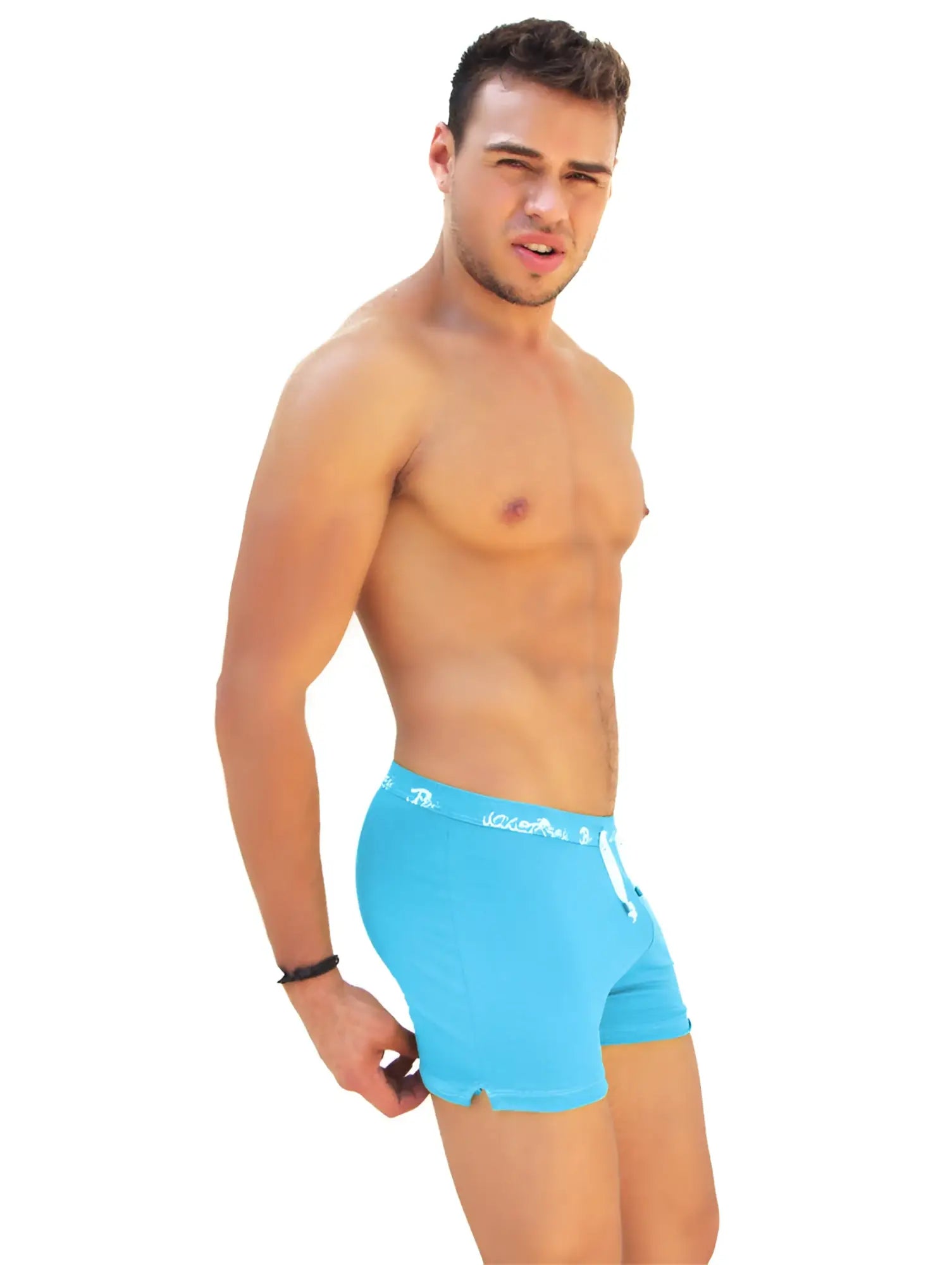 Icker sea side slit long boxer briefs in bright blue with white logo and drawstring waistband for athletic use