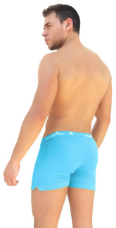 Icker sea side slit long boxer brief underwear in bright blue cotton with subtle white logo trim on the waistband