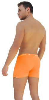 Bright orange icker sea side slit long boxer briefs with subtle white logo on waistband for comfortable wear