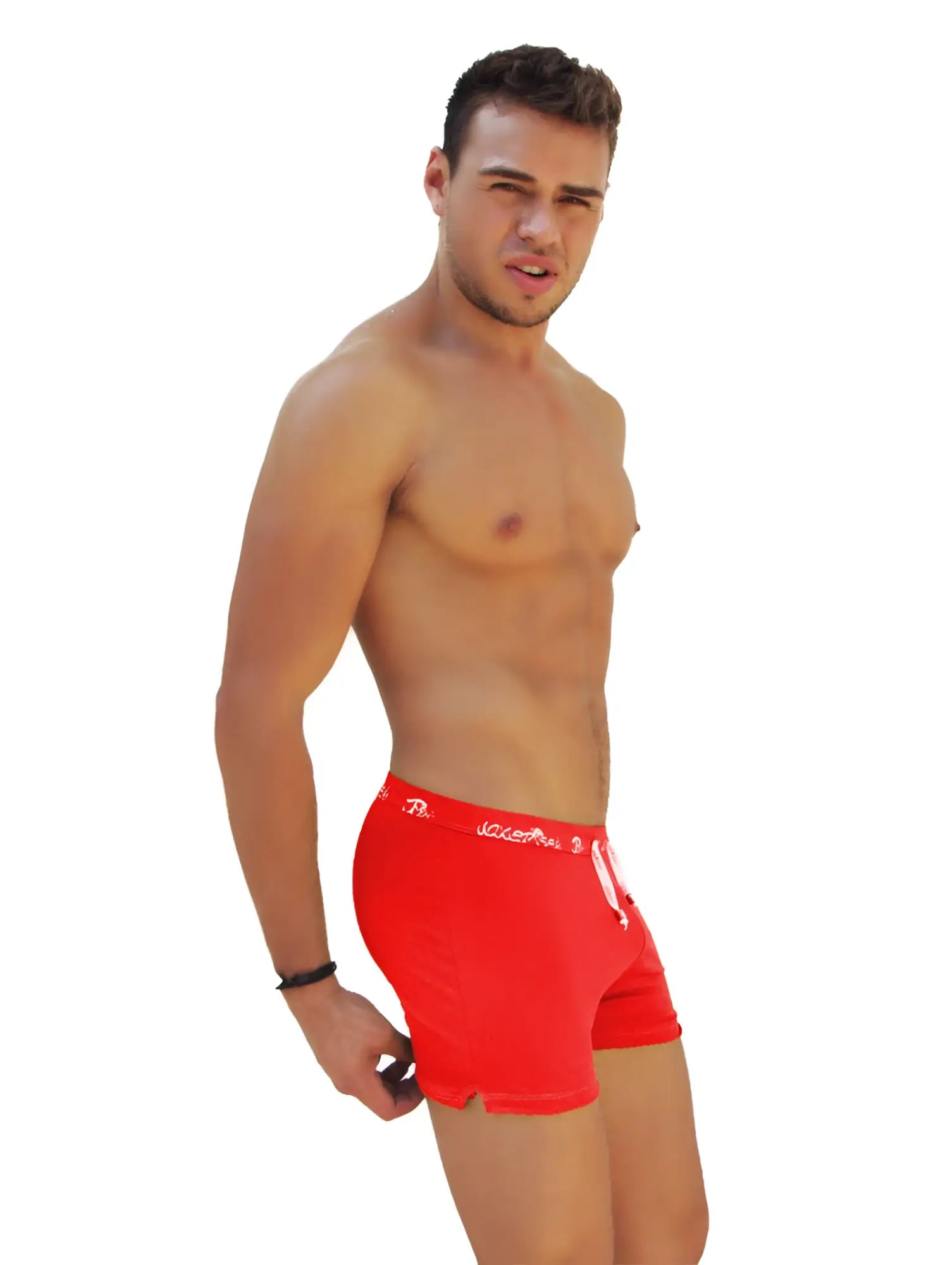 Red icker sea side slit long boxer brief underwear with white logo and drawstring in cotton blend material