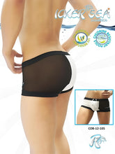 Black and white mesh swim trunks with solid black waistband and icker sea logo one side transparent contrast trim