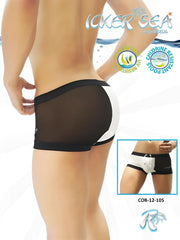 Black and white mesh swim trunks with solid black waistband and icker sea logo one side transparent contrast trim
