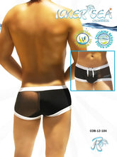 Icker Sea black and white mesh swim trunks with drawstring waistband and one side transparent square cut design
