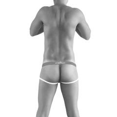 Black and white icker sea slip jock strap underwear with thin solefreak logo waistband in light gray script