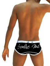 Black briefs with white trim and smile me cursive text front by Icker Sea COI-13-14 breathable underwear