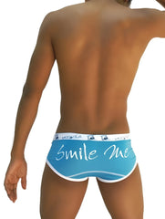 Blue men’s brief underwear with white trim and smile me cursive text from icker sea product coi-13-14