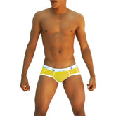 Bright yellow men’s briefs with white trim and subtle pattern featuring victoria on waistband from icker sea smile me brief underwear mango co i 13 14