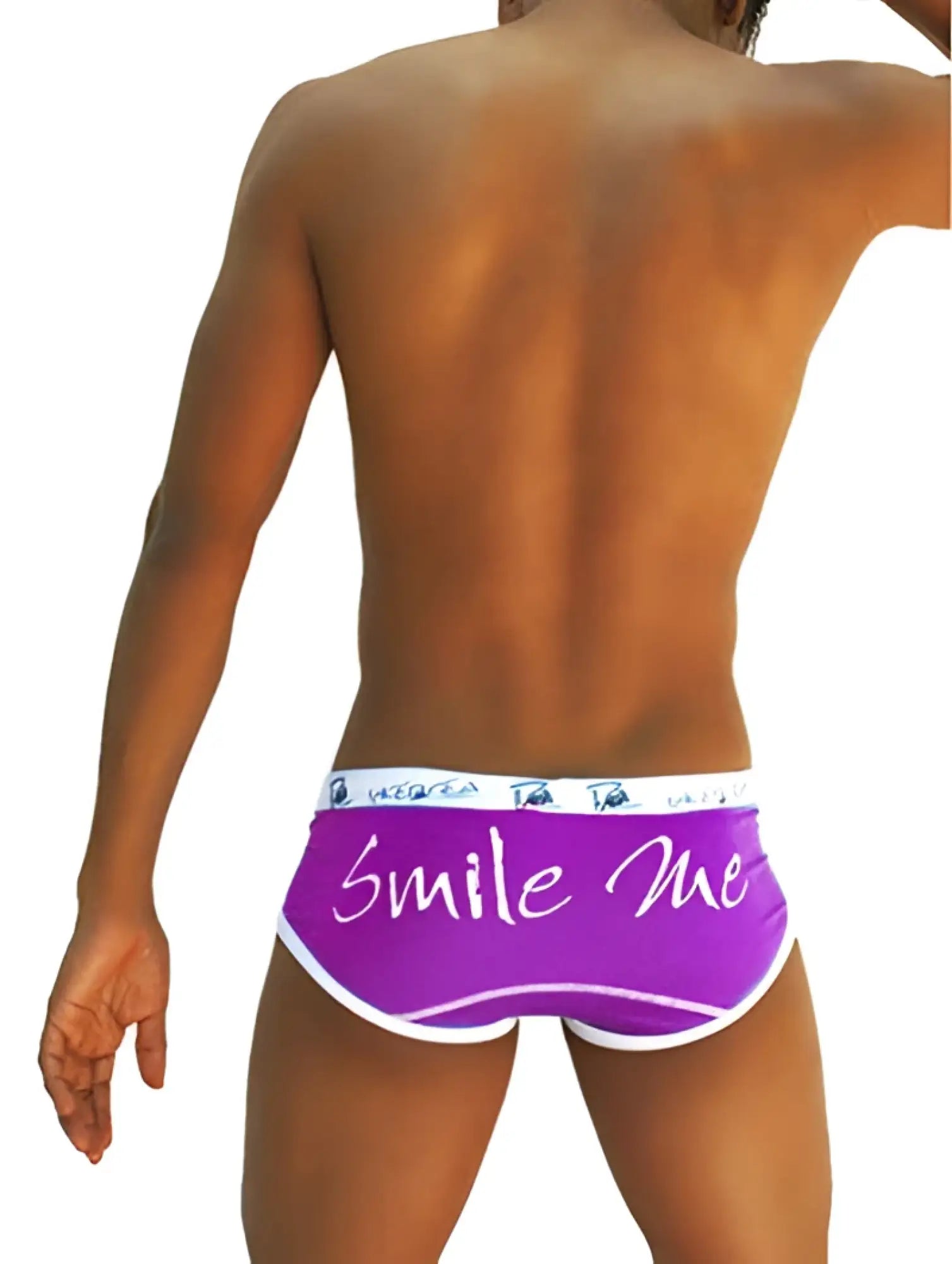 Purple icker sea smile me brief underwear with white trim and cursive lettering in soft comfortable fabric