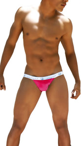 Icker sea smile me microslip bikini briefs in bright pink smooth fabric with white waistband and blue logo patterns