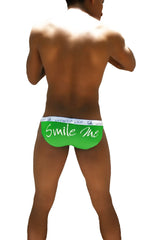 Bright green icker sea smile me microslip bikini underwear with white waistband featuring smile me cursive script