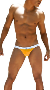 Bright yellow icker sea smile me microslip bikini briefs with white waistband and blue logo text in orange coi-16-32