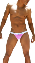 Icker sea smile me microslip bikini underwear in pink with white waistband and repeating blue logo text