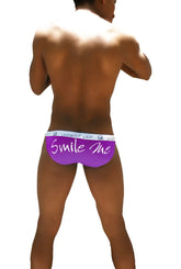 Purple icker sea smile me microslip bikini underwear with white text and light blue waistband in front view