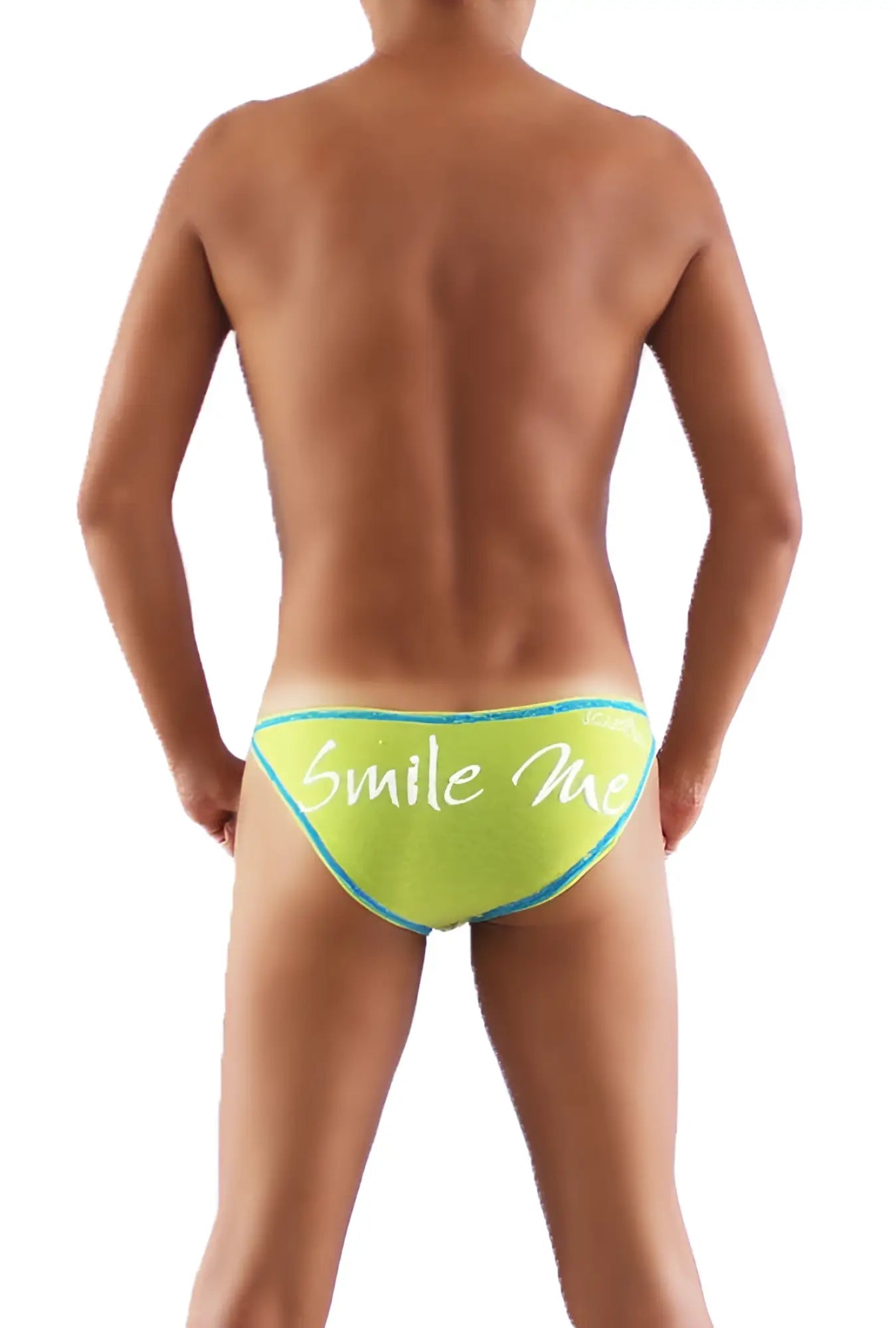Back of bright lime green icker sea smile me slip bikini underwear with teal trim and white cursive branding