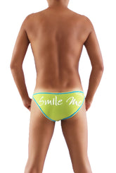 Back of bright lime green icker sea smile me slip bikini underwear with teal trim and white cursive branding