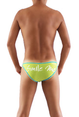 Back of bright lime green icker sea smile me slip bikini underwear with teal trim and white cursive branding