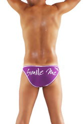 Purple icker sea smile me slip bikini underwear with white smile me text and small logo on waistband