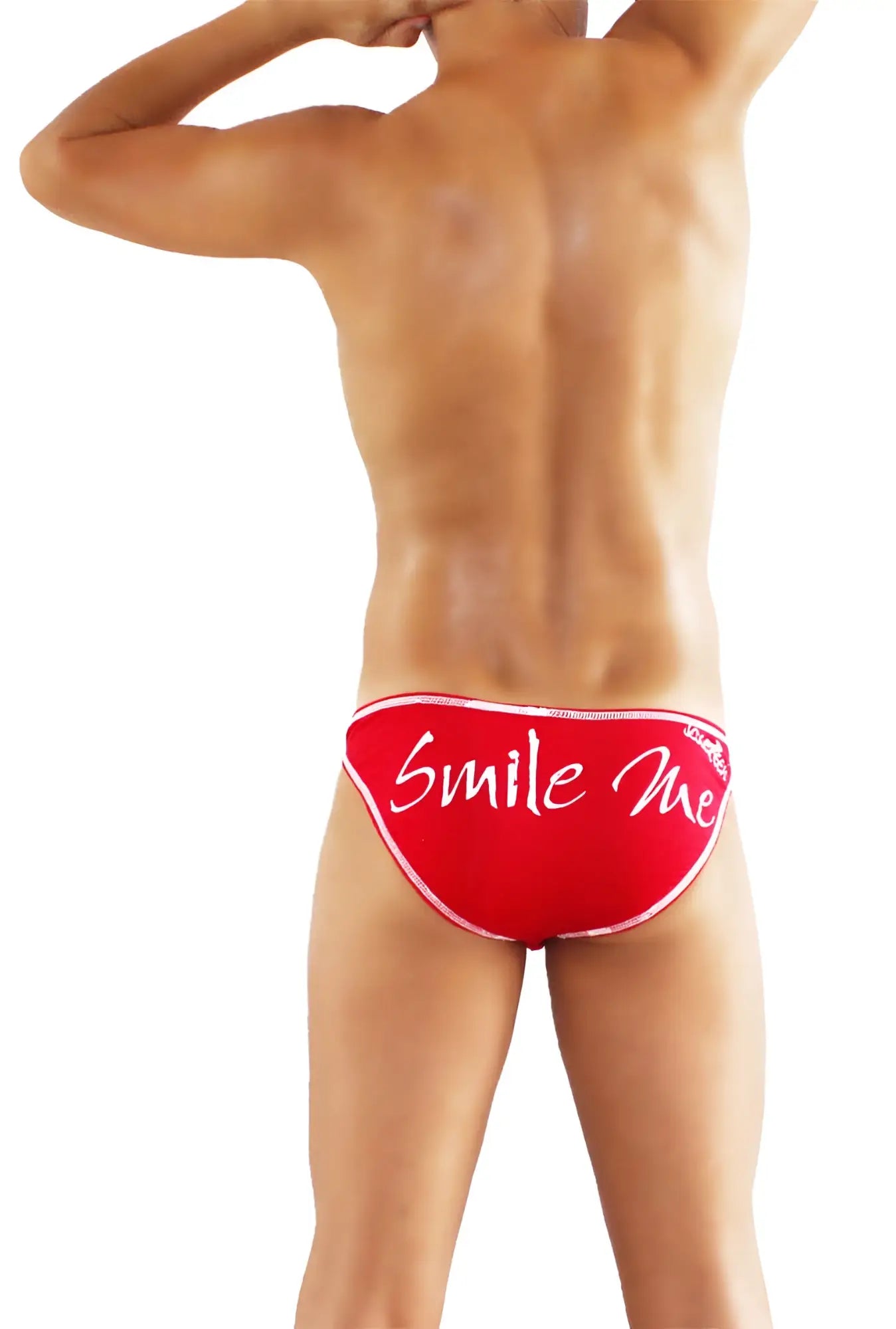 Red swim trunks with white cursive smile me text and thin white trim from icker sea slip bikini underwear collection
