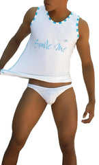 White sleeveless top with light blue trim and smile me print from icker sea smile me slip bikini underwear collection