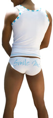 White Icker Sea Smile Me tank top and briefs set with light blue trim and cursive smile me design in cotton blend