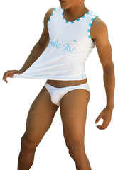 White sleeveless tank top with light blue cuffed neckline and smile me text paired with white briefs from icker sea