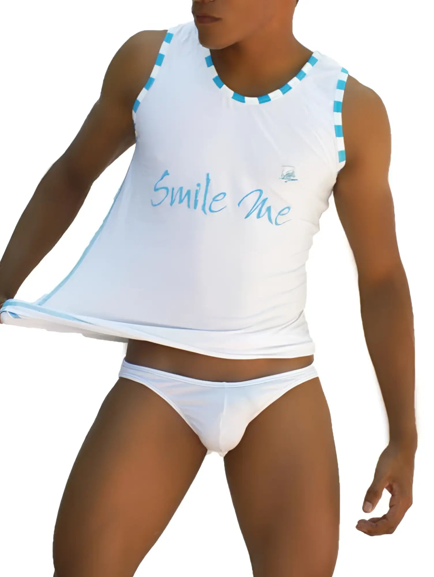 Icker Sea white sleeveless tank top with light blue smile me cursive text and matching checkered trim on neckline and armholes