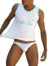 Icker Sea white sleeveless tank top with light blue smile me cursive text and matching checkered trim on neckline and armholes