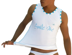 White sleeveless tank top with light blue smile me text and matching checkered trim by icker sea