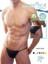 Black sleek form-fitting micro slip bikini swimwear trunks by Icker Sea with minimalist design for swimming use