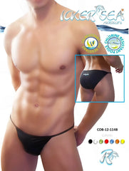 Black sleek form-fitting micro slip bikini swimwear trunks by Icker Sea with minimalist design for swimming use
